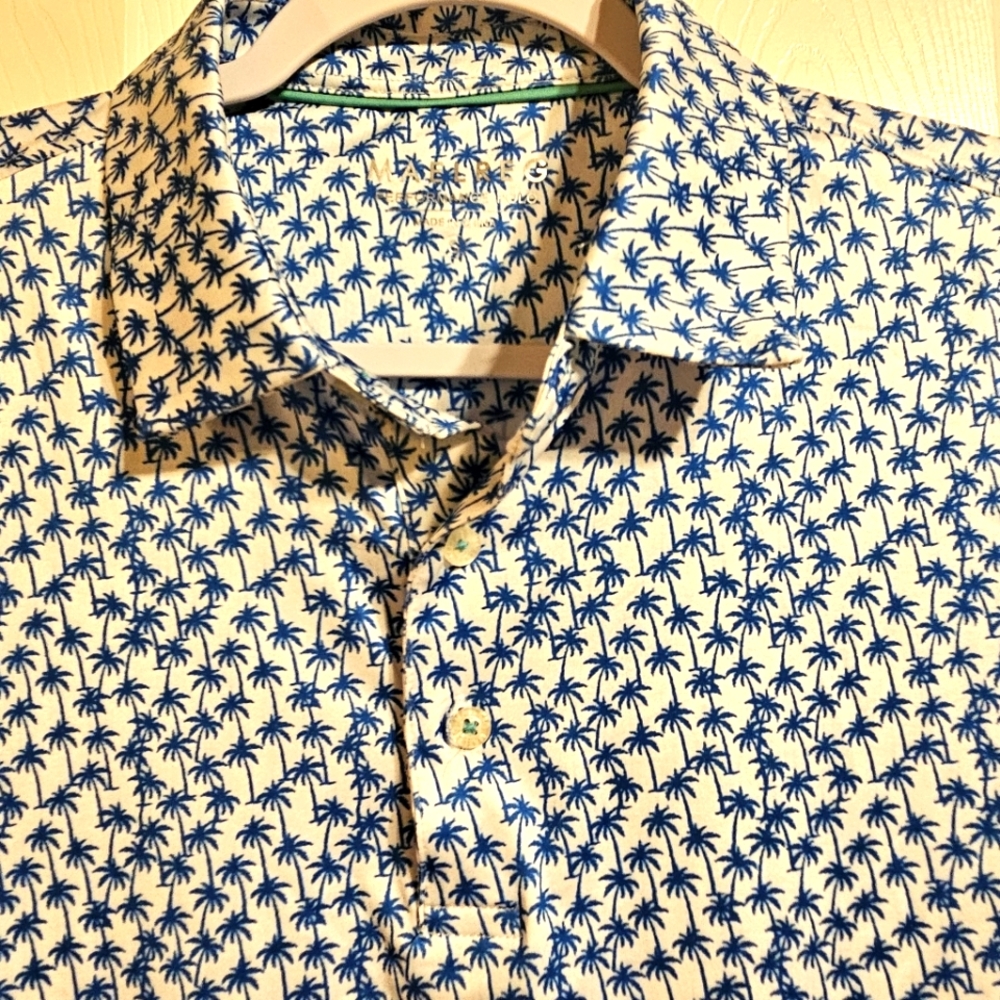 Maelreg Polo Mens Small White Blue Palm Tree Performance Golf Shirt